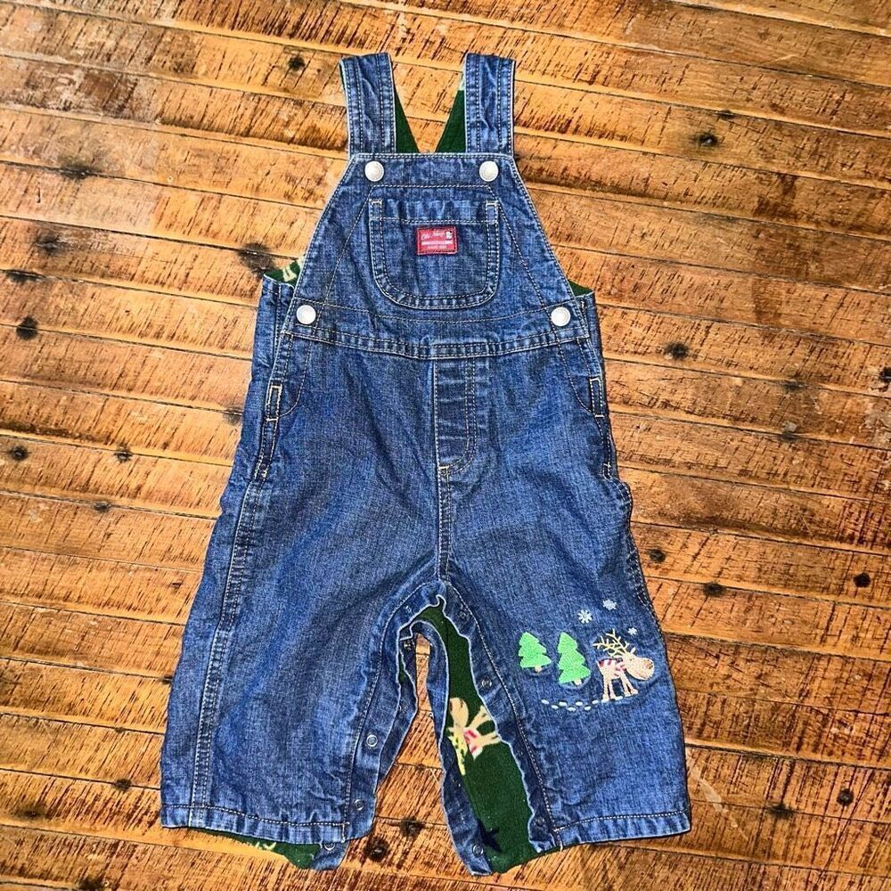 Old Navy reindeer fleece lined 3-6 month denim overalls